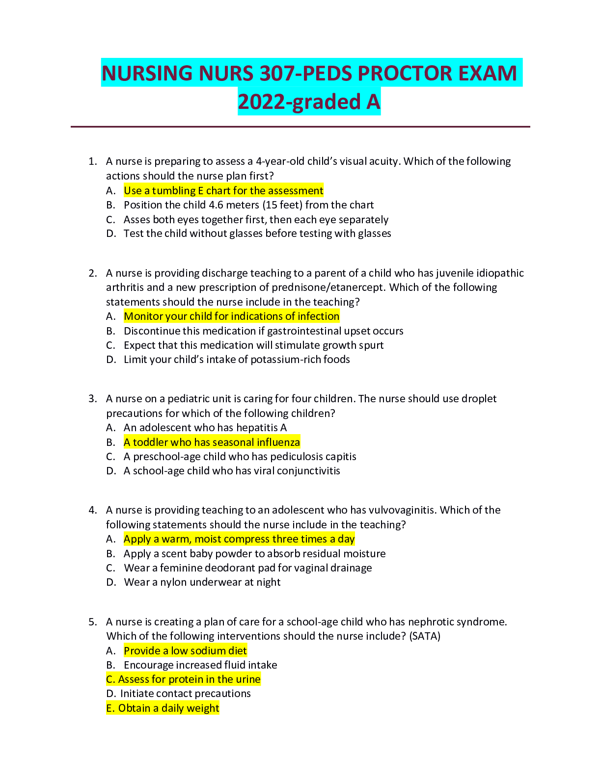 Preview of NURSING NURS 307-PEDS PROCTOR EXAM 2022-graded A